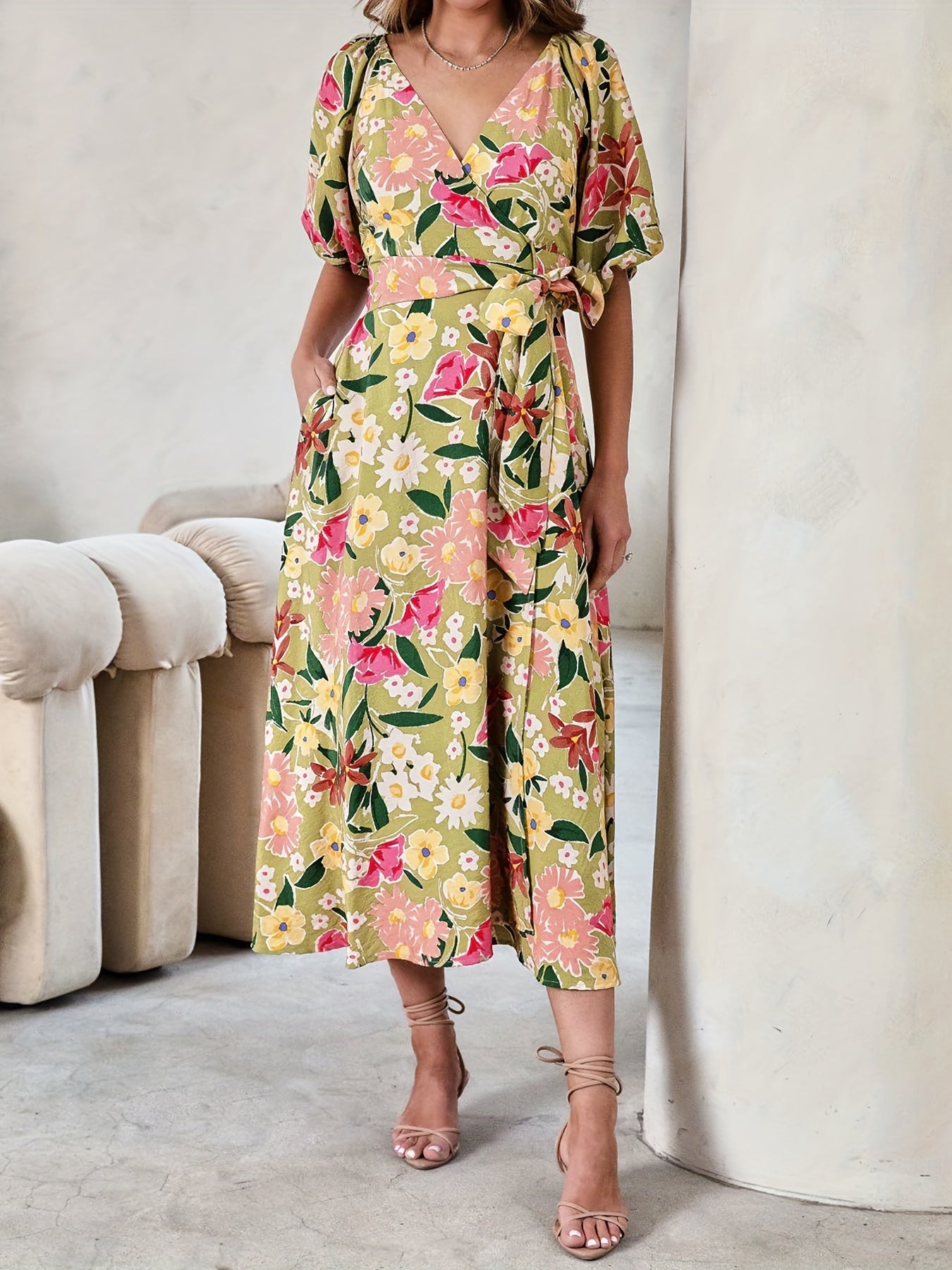 Floral Print Bubble Sleeve Maxi Belted Dress
