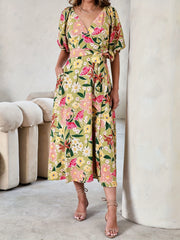 Floral Print Bubble Sleeve Maxi Belted Dress