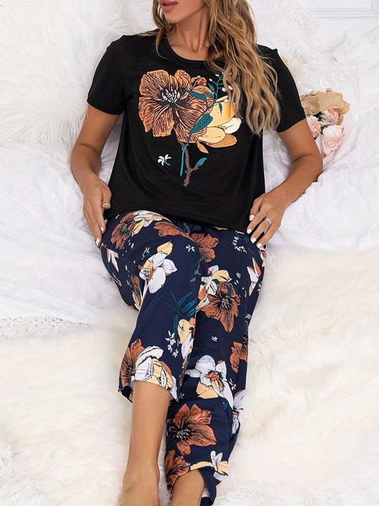 Big Flower Print Lounge Set Colorblock Top & Pants Women's Loungewear