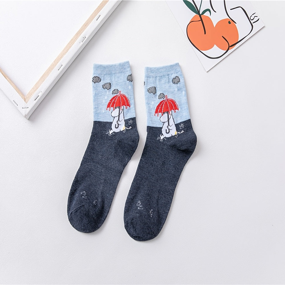 4 Pairs Cartoon Print Socks Soft Mid Tube Socks Women's Stockings