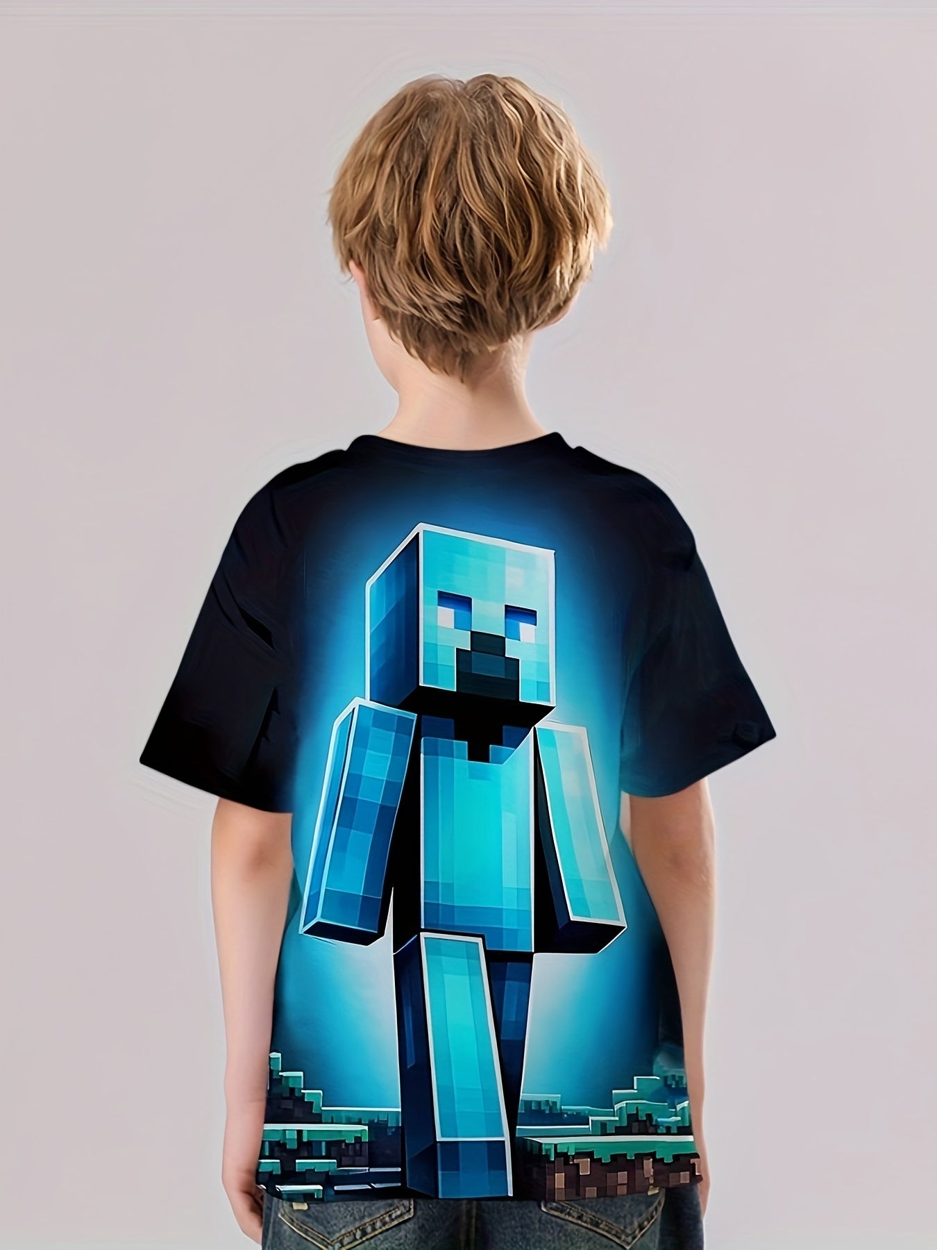 Pixel Man 3D Print Boy's Tee Short Sleeve Crew Neck T-shirt for Kids