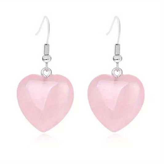 Heart Shaped Crystal Drop Earrings - Rose Quartz Amethyst