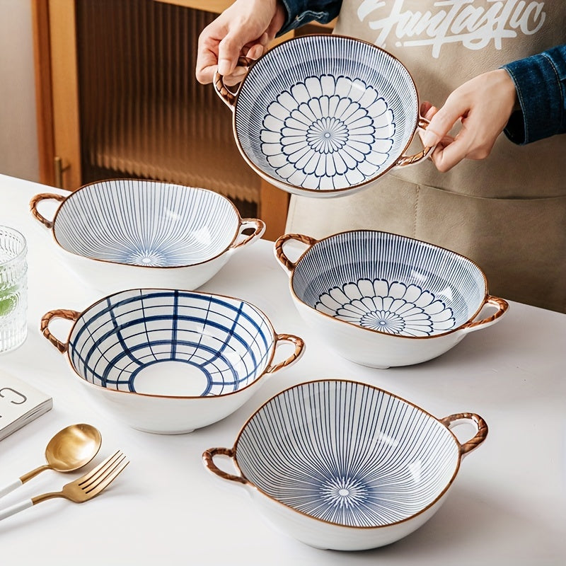 Ceramic Retro Style Two Ear Bowl High Beauty Noodle Bowl for Salad Fruit Pasta