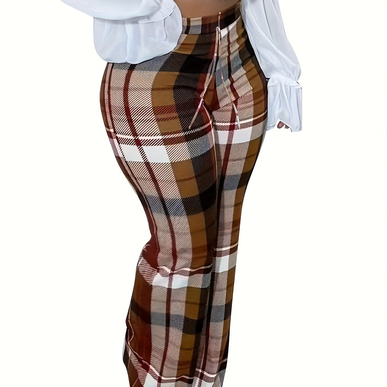  Plaid Print Drawstring Elastic High Rise Straight Leg Trousers