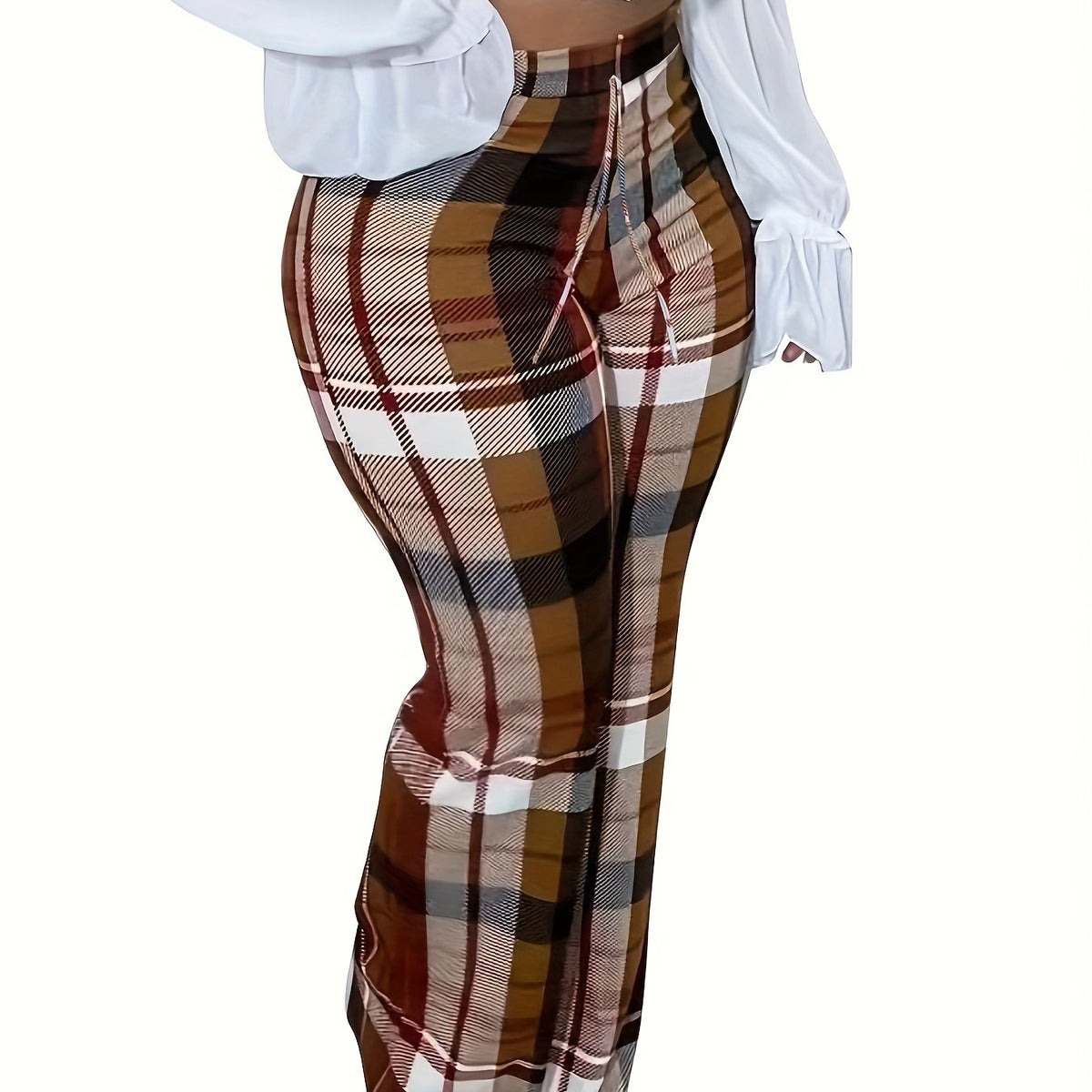  Plaid Print Drawstring Elastic High Rise Straight Leg Trousers