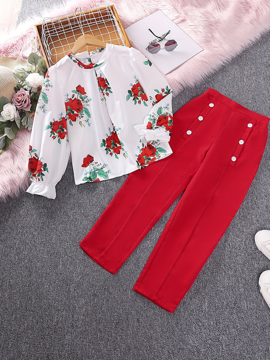 2pcs Girls Fall Clothes Long Ruffled Sleeve Flower Print Tops & Pants Set