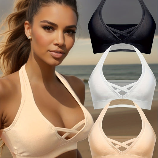 3pcs Wireless Halter Sports Bras Comfy & Breathable Push Up Bra