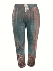 Women's Plus Floral Print Drawstring Elastic High Rise Trousers