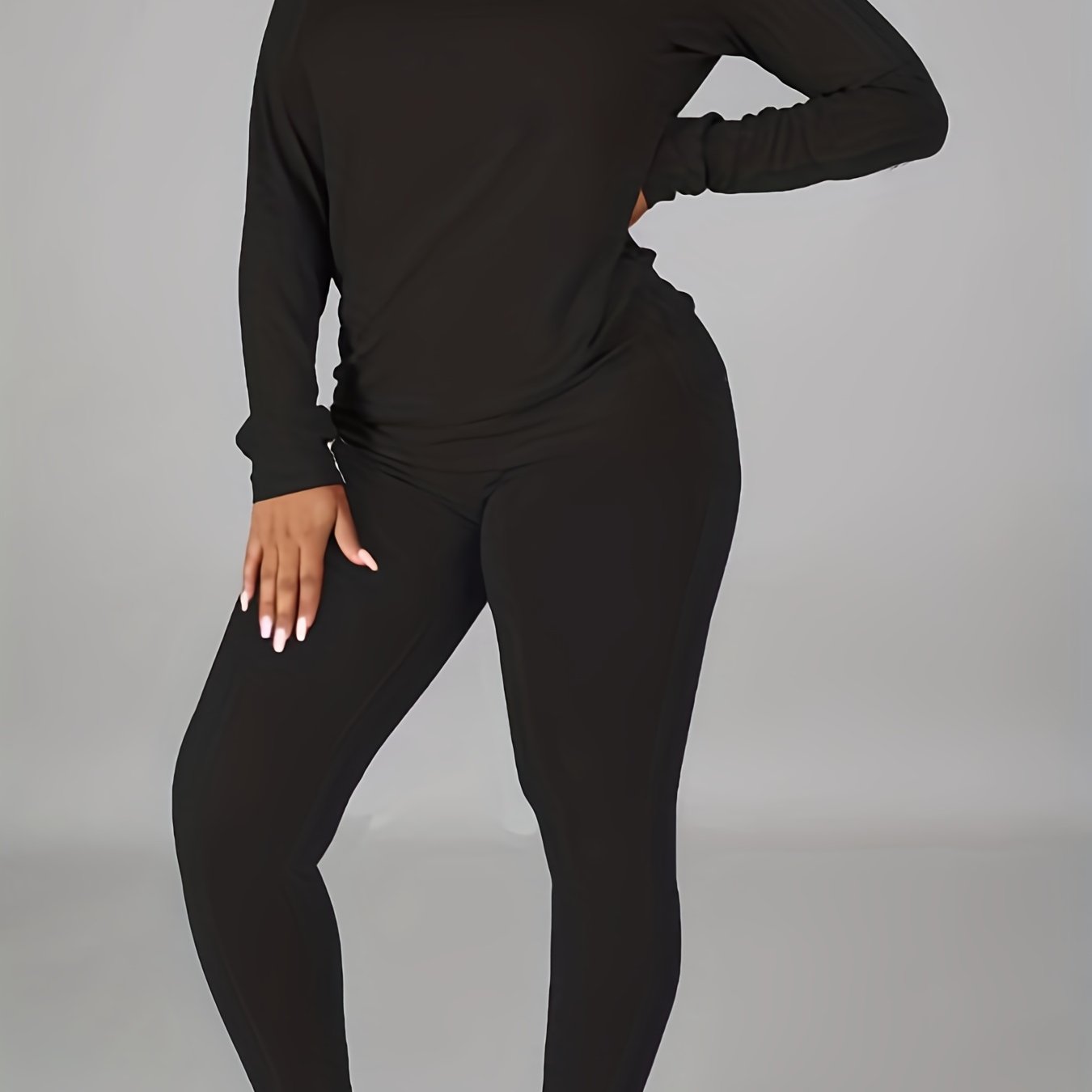 Solid Casual Two piece Set Crew Neck Long Sleeve Tops & Elastic Waist Pants