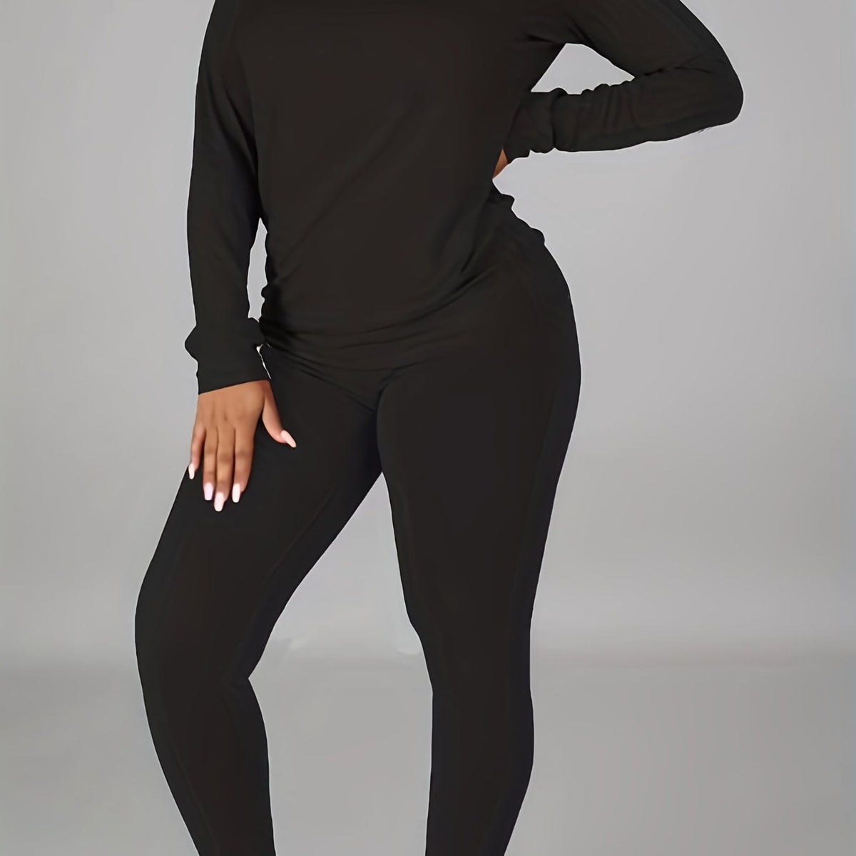 Solid Casual Two piece Set Crew Neck Long Sleeve Tops & Elastic Waist Pants