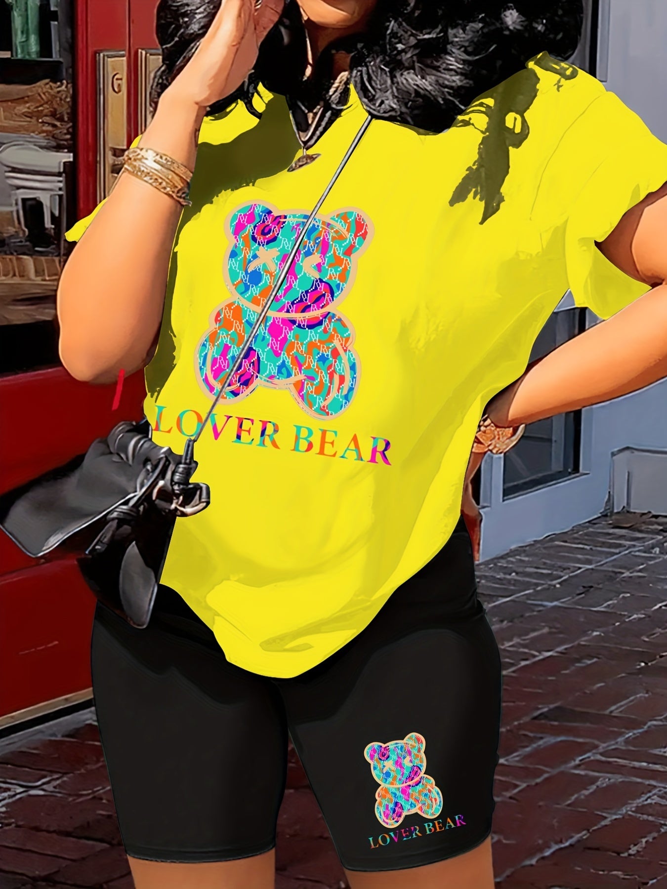 Lover Bear Print Two Piece Outfit Short Sleeve Crew Neck T Shirt & Shorts