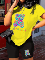 Lover Bear Print Two Piece Outfit Short Sleeve Crew Neck T Shirt & Shorts