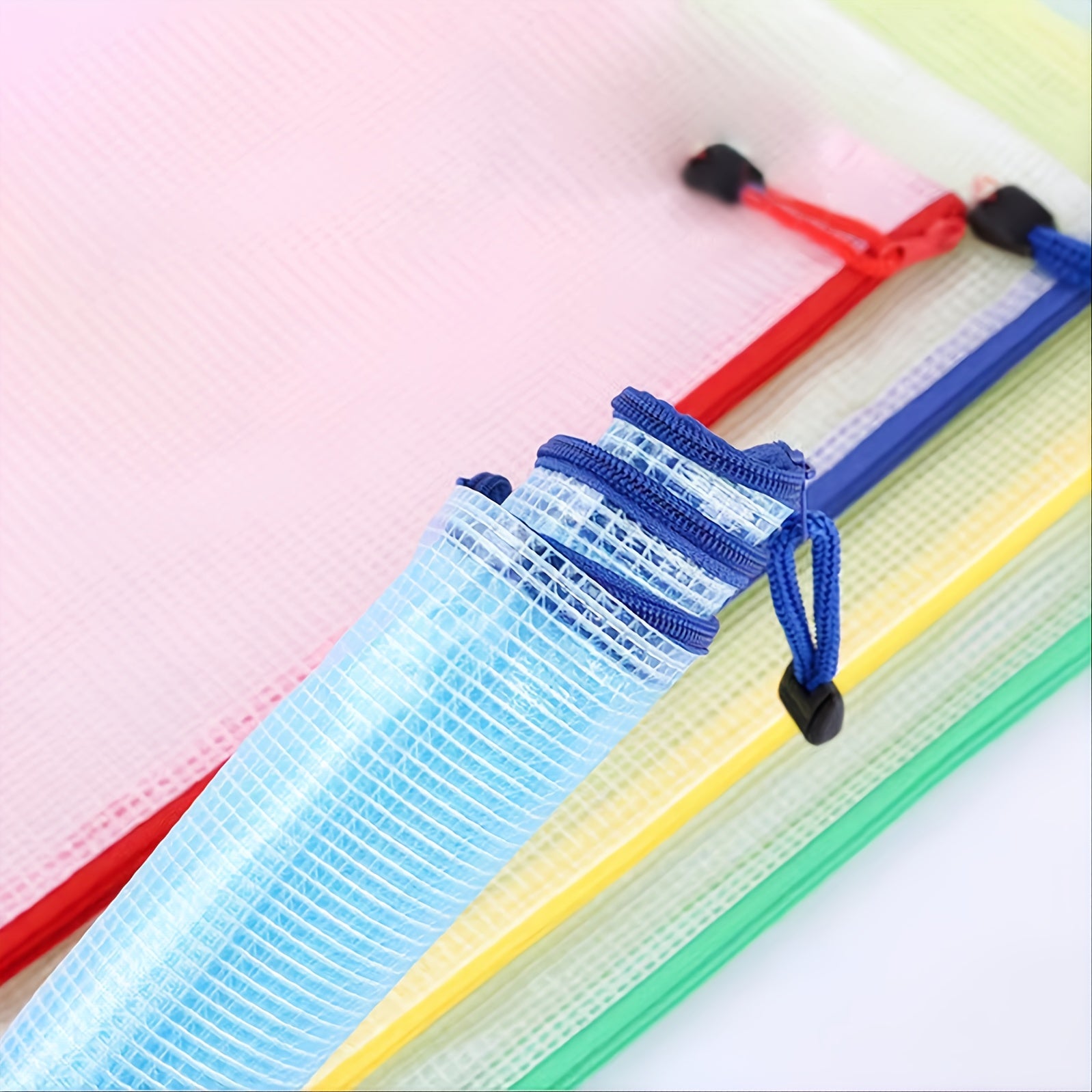 5pcs Plastic Mesh Zipper Pouch Waterproof Document Folders Bag - A4 Size