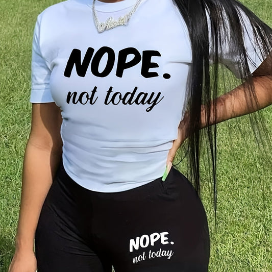 Not Today Letter Print Two piece Set Crew Neck Short Sleeve T shirt & Slim Short