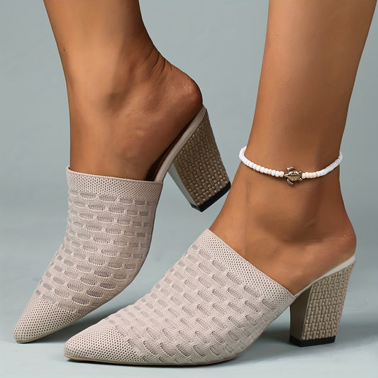Women's Knit Heeled Mule Sandals Pointed Toe Chunky High Heels Slingback