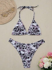 Skull & Floral Bikini Set V Neck High Cut Swimsuit