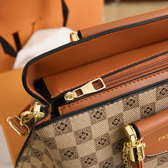 Plaid Satchel Bag Metal Leaf Decor Handbag Zipper Shoulder Purse