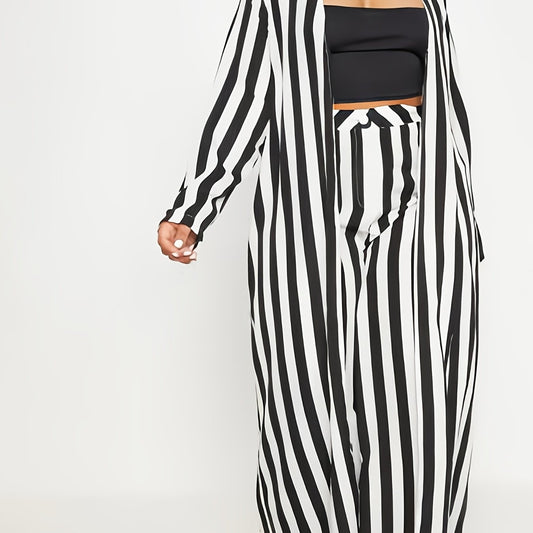 Women's Plus Stripe Print Cardigan & Wide Leg Pants Outfit Set