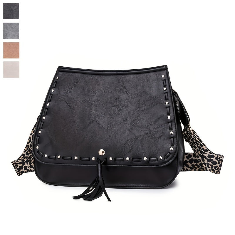 Leopard Strap Crossbody Bag Tassel Shoulder Bag Goth Studded Decor Purses