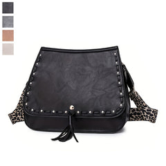 Leopard Strap Crossbody Bag Tassel Shoulder Bag Goth Studded Decor Purses