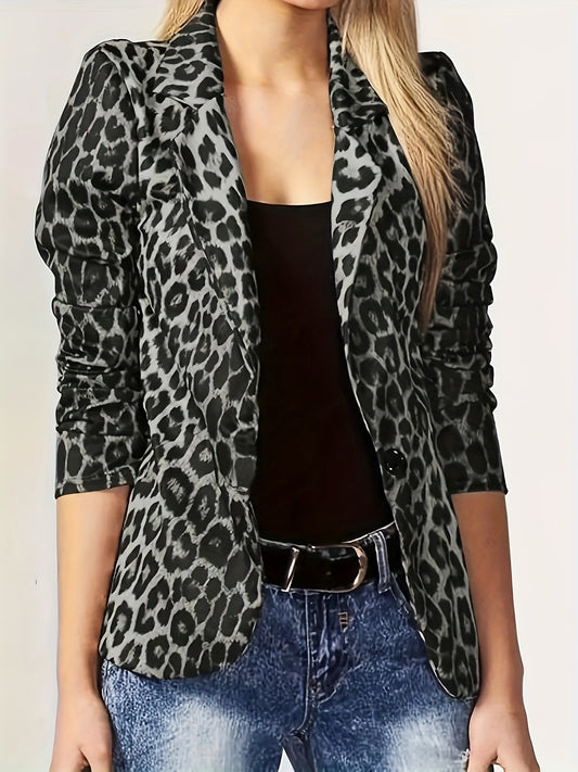 Women's Plus Leopard Print Long Sleeve Lapel Collar Blazer
