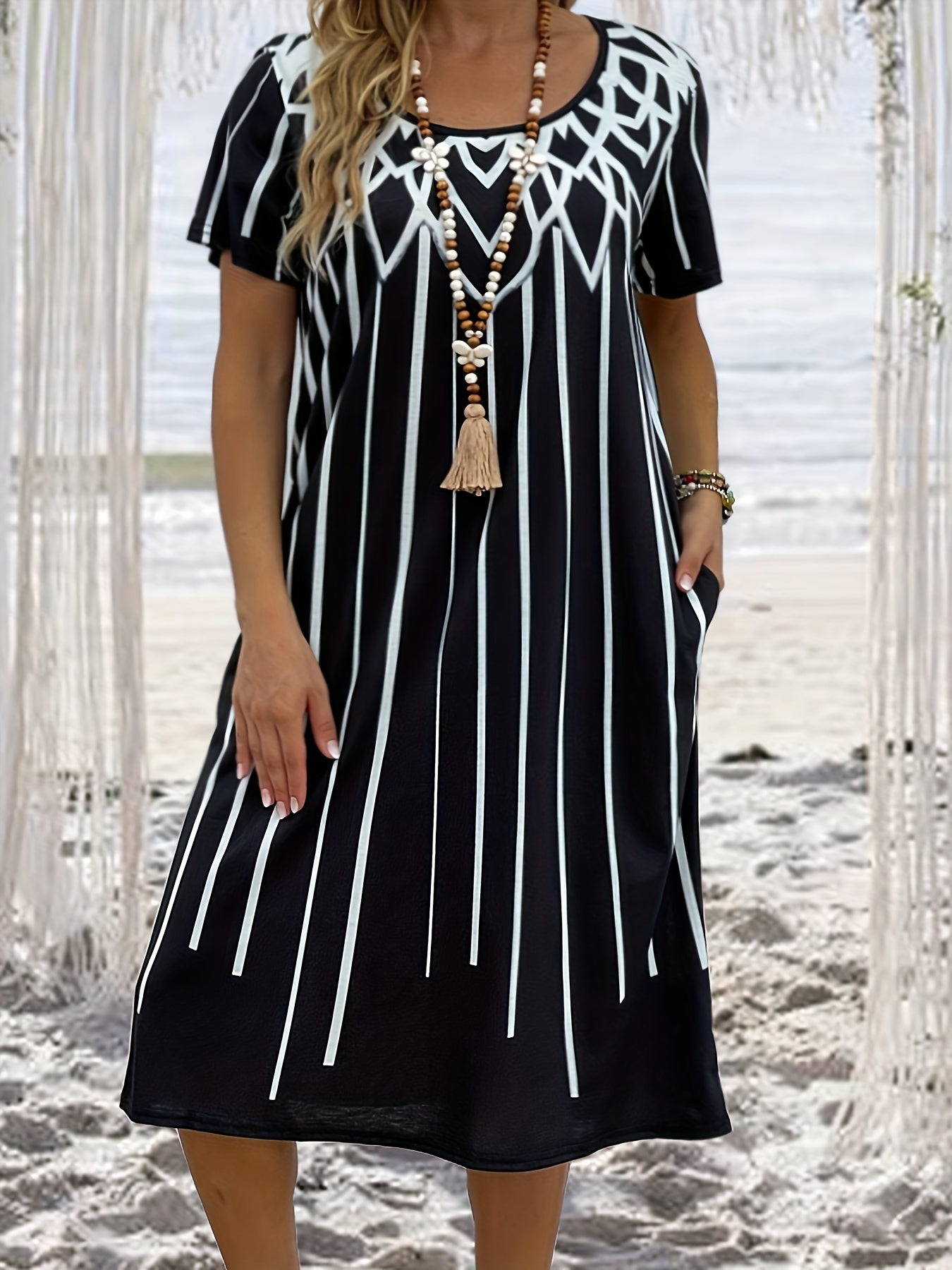  Geometric Print Short Sleeve Tee Dress With Pockets