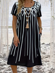  Geometric Print Short Sleeve Tee Dress With Pockets