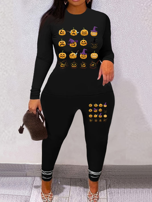 Women's Plus Pumpkin Print Top & Leggings Outfits 2 Piece Set