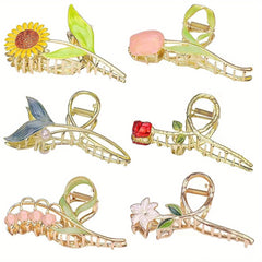 Flower Pattern Hair Claw Metal Tulip Sunflower Shark Claw Ponytail Holder