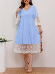  Solid Lace Floral Trim Casual Dress