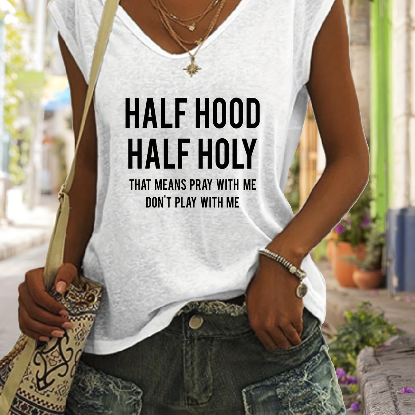 Half Hood Half Holy Print Tank Top for Women