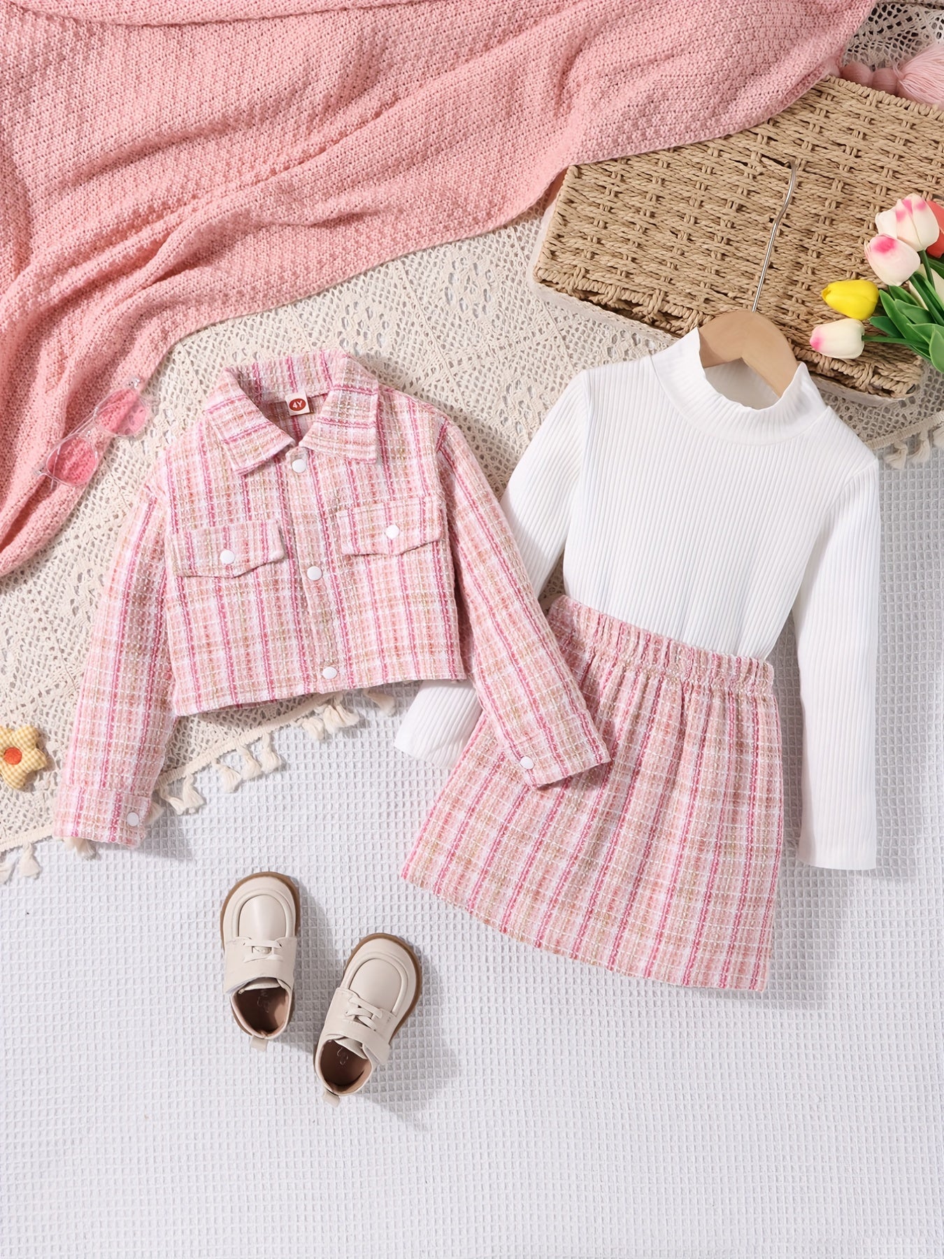 Girl's Tweed 3pc Outfit Button Front Jacket, Top, Skirt Set