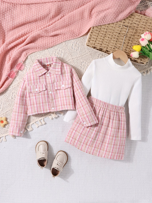 Girl's Tweed 3pc Outfit Button Front Jacket, Top, Skirt Set