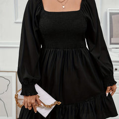  Solid Lantern Sleeve Square Neck Ruffle Dress