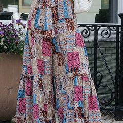  Patchwork Print High Rise Wide Leg Trousers With Belt