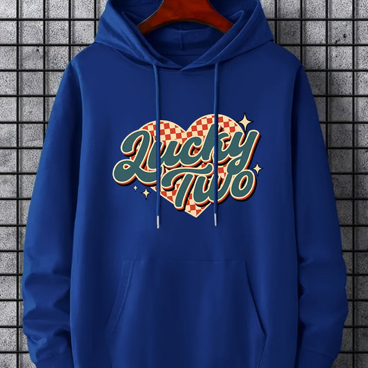 Men's Lucky Two Print Hoodie Casual Slightly Stretch Drawstring Hooded Sweatshir