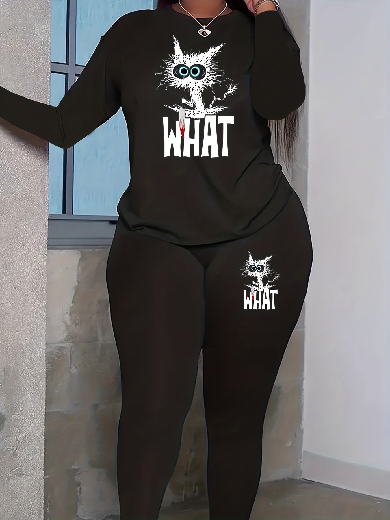 Women's Plus Cat & Letter Print 2 Piece Set Long Sleeve Top & Leggings