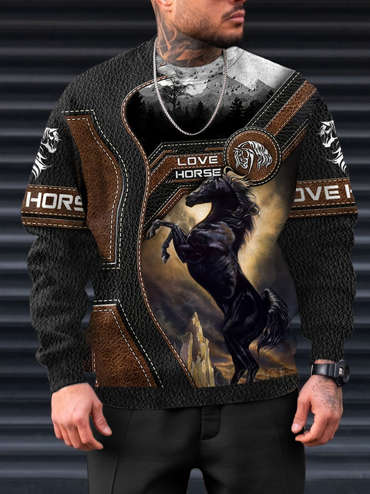 Horse 3D Print Men's Graphic Round Neck Sweatshirt Loose Pullover
