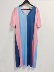 Colorblock V Neck Loose Fit Dress w/ Pockets