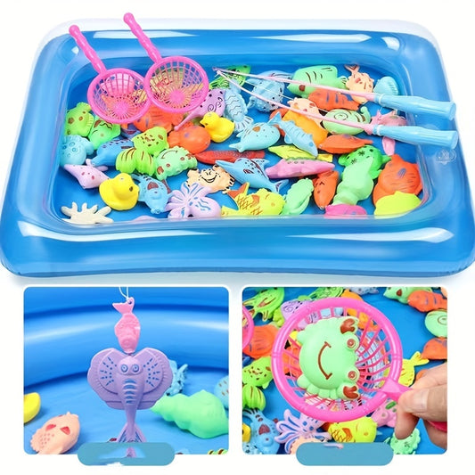 Kids Fishing Toy Set Inflatable Pool Magnetic Puzzle Cat Fishing