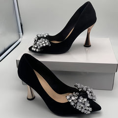 Rhinestone Bow High Heel Pointy Pumps Slip On Dress Shoes