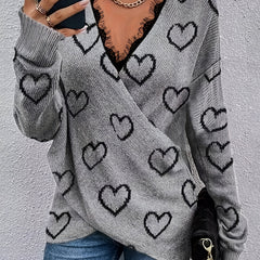 Heart Pattern V Neck Pullover Sweater for Fall & Winter