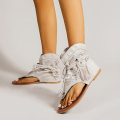 Women's Lace-Up Tassel Sandals Boots Open Toe Flat Shoes