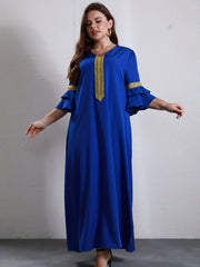  Ramadan Kaftan Dress Solid Contrast Lace Ruffle Sleeve V Neck