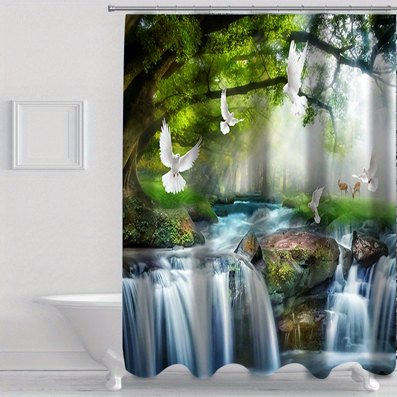3pcs Pigeons Waterfall Landscape Shower Curtain Set