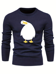 Cartoon Duck Print Men's Casual Warm Crew Neck Pullover Sweater