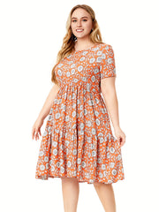 Plus Size Floral Print Short Sleeve Round Neck Ruched Smock Dress