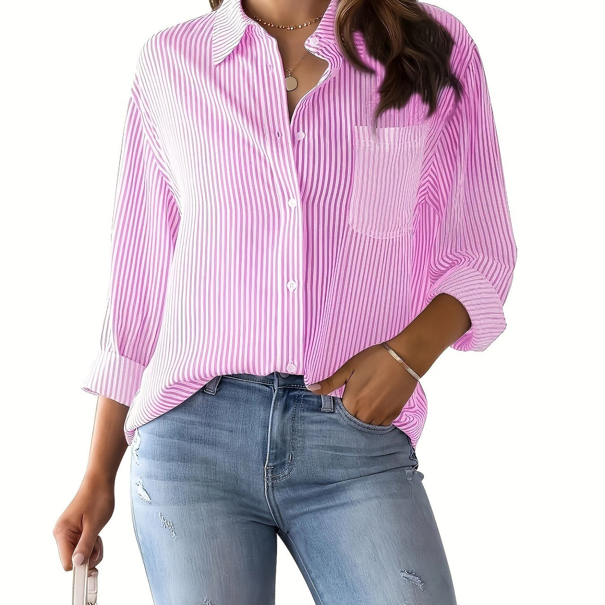  Stripe Print Button Up Long Sleeve Blouse