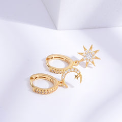 Sun & Moon Zircon Drop Hoop Earrings 18K Plated Ear Jewelry Gift