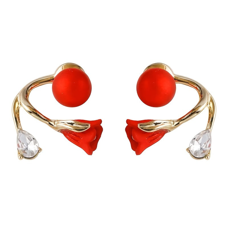 Festive Red Faux Pearl Tulip Flower Earrings For Women